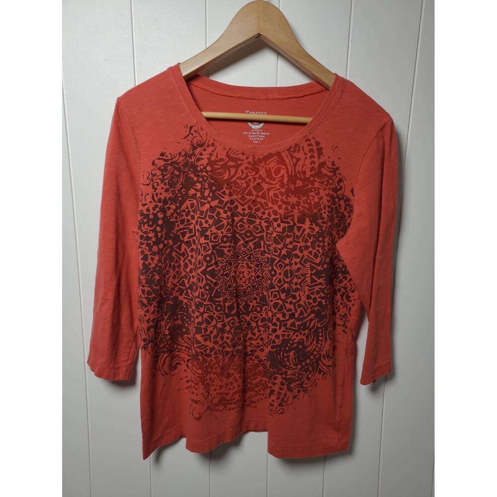 Chico's Zenergy Top Shirt Beaded 3/4 Sleeve Womens 2 US Large Orange Black Fall